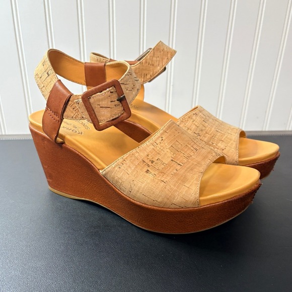Kork-Ease Shoes - Kork-Ease Women's Myrna Cork Wedge Platform Sandals Tan Leather Ankle Strap 9